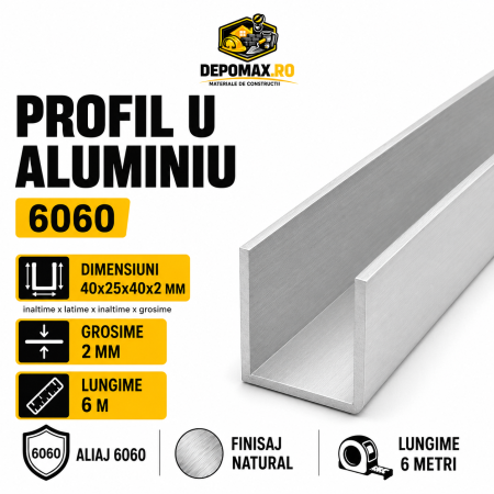 Profil U aluminiu 40 x 25 x 40 x 2 mm, 6 metri